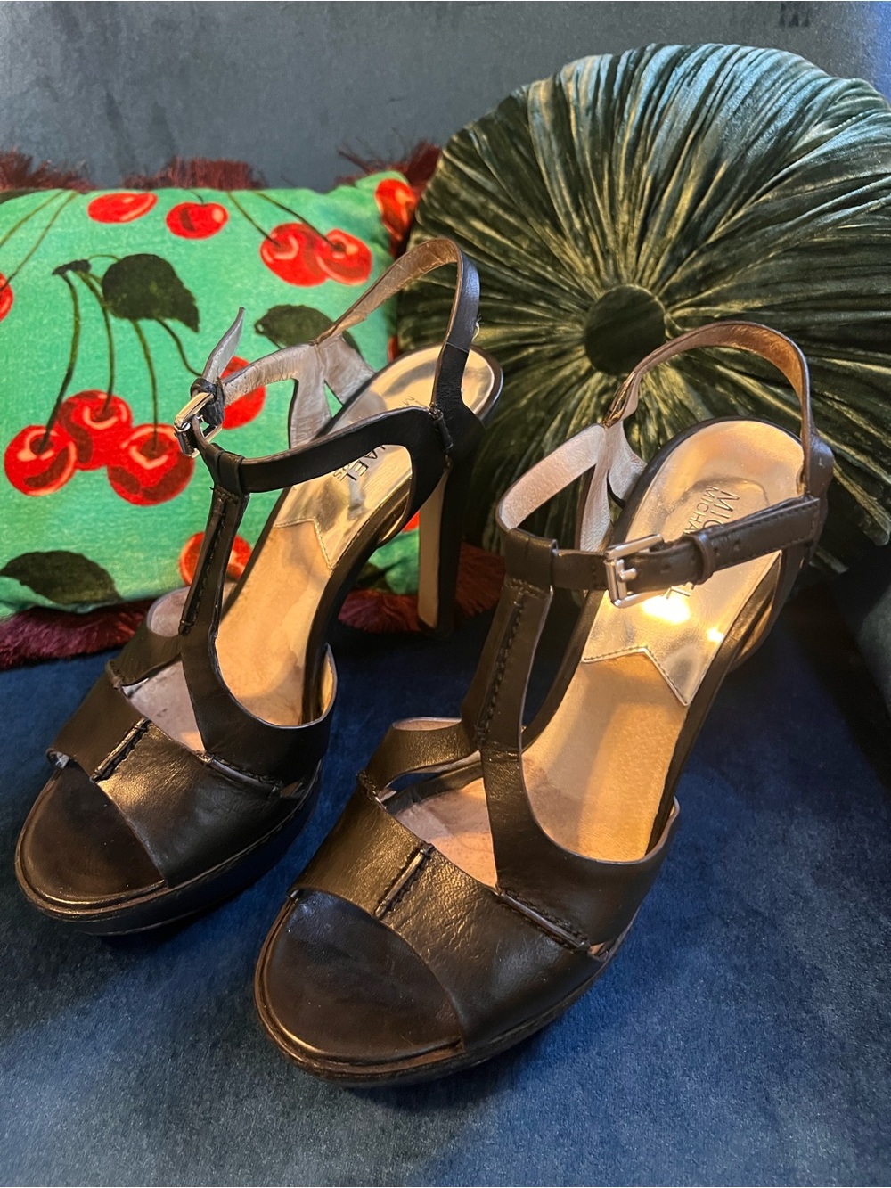 Michael Kors Black Leather T-Strap Platform Heels – Size 8.5 M